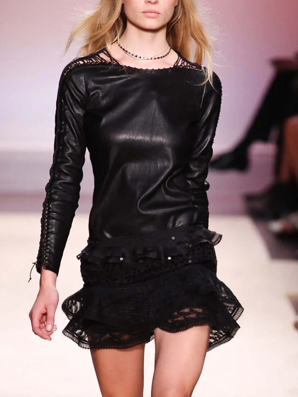 Isabel Marant Runway Black Leather Top w/ Lace Arms & Leather Skirt, Size 38-40
